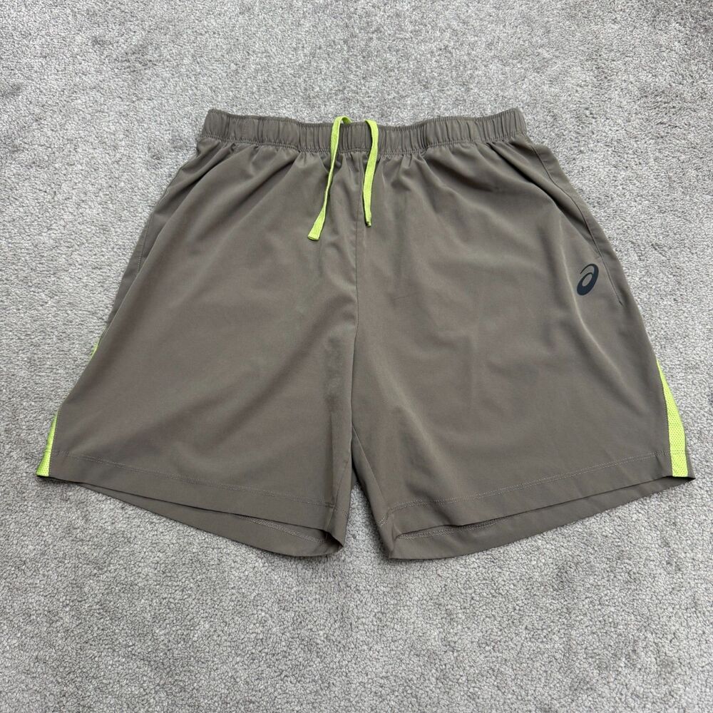 Asics Running Activewear Shorts Mens Large Gray Lime Elastic Waist Athletic Gym